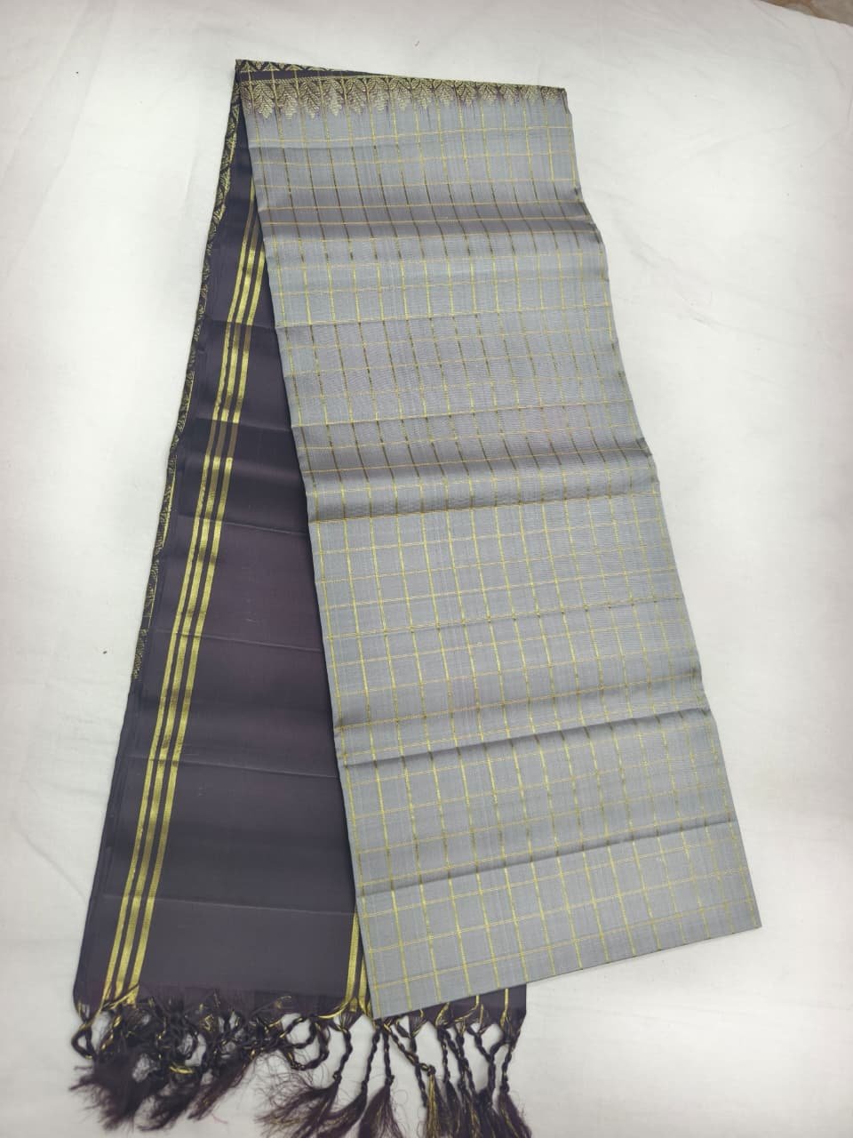 Grey Handloom Soft Silk Saree with Double Warp Weave - Aubergine Zari Pallu - full view