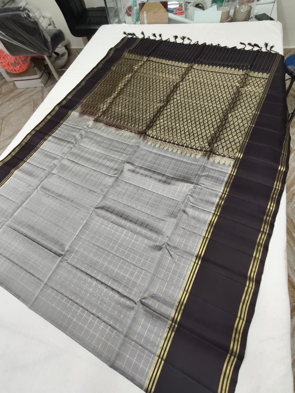 Grey Handloom Soft Silk Saree with Double Warp Weave - Aubergine Zari Pallu - detail view 1