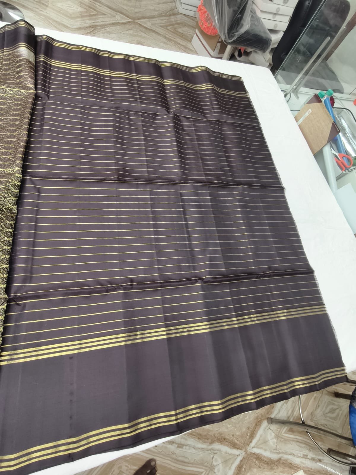Grey Handloom Soft Silk Saree with Double Warp Weave - Aubergine Zari Pallu - detail view 2
