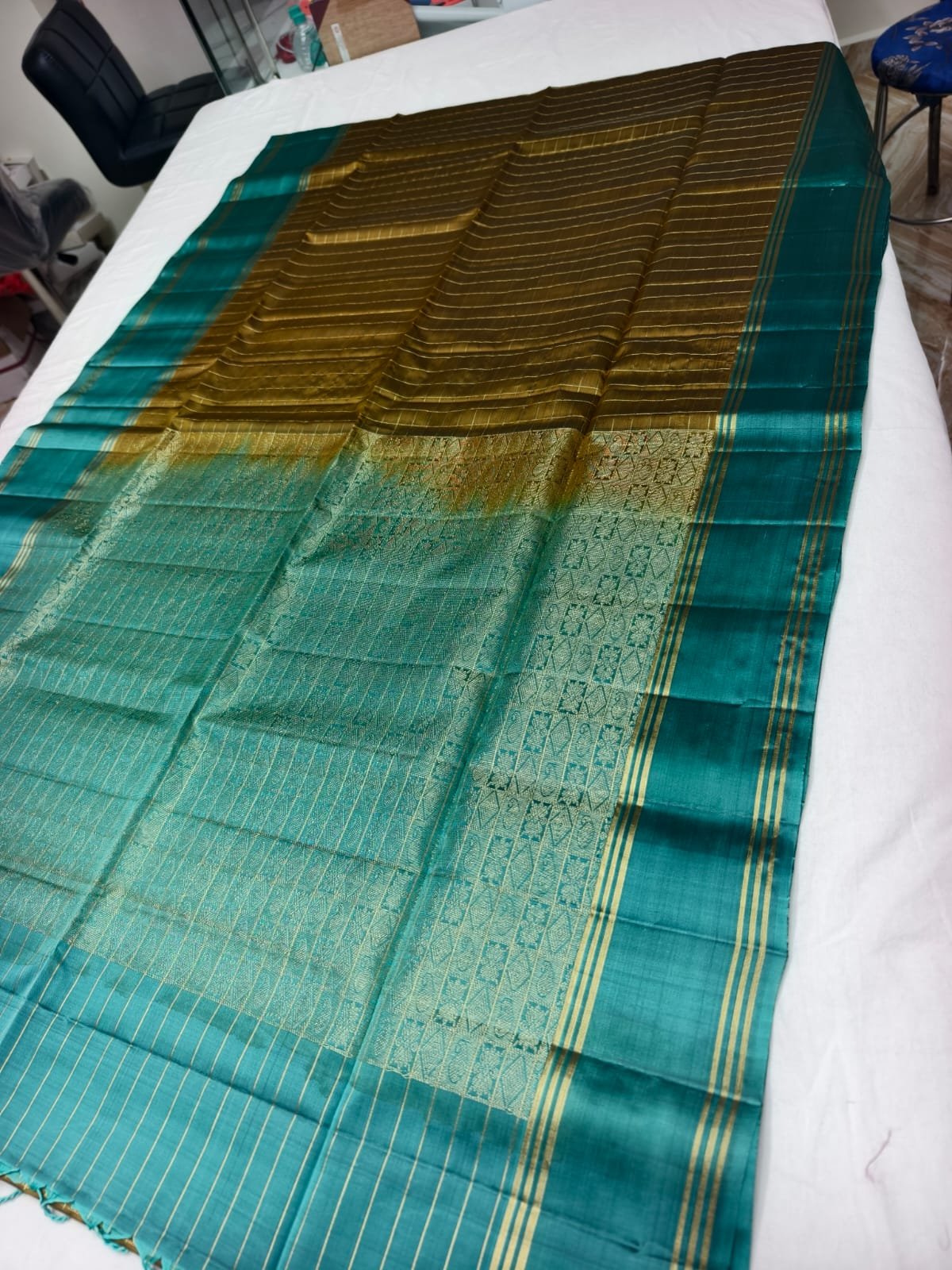 Teal Handloom Soft Silk Saree with Double Warp Weave - Olive Gold Pallu - detail view 1