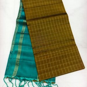 Teal Handloom Soft Silk Saree with Double Warp Weave - Olive Gold Pallu - full view
