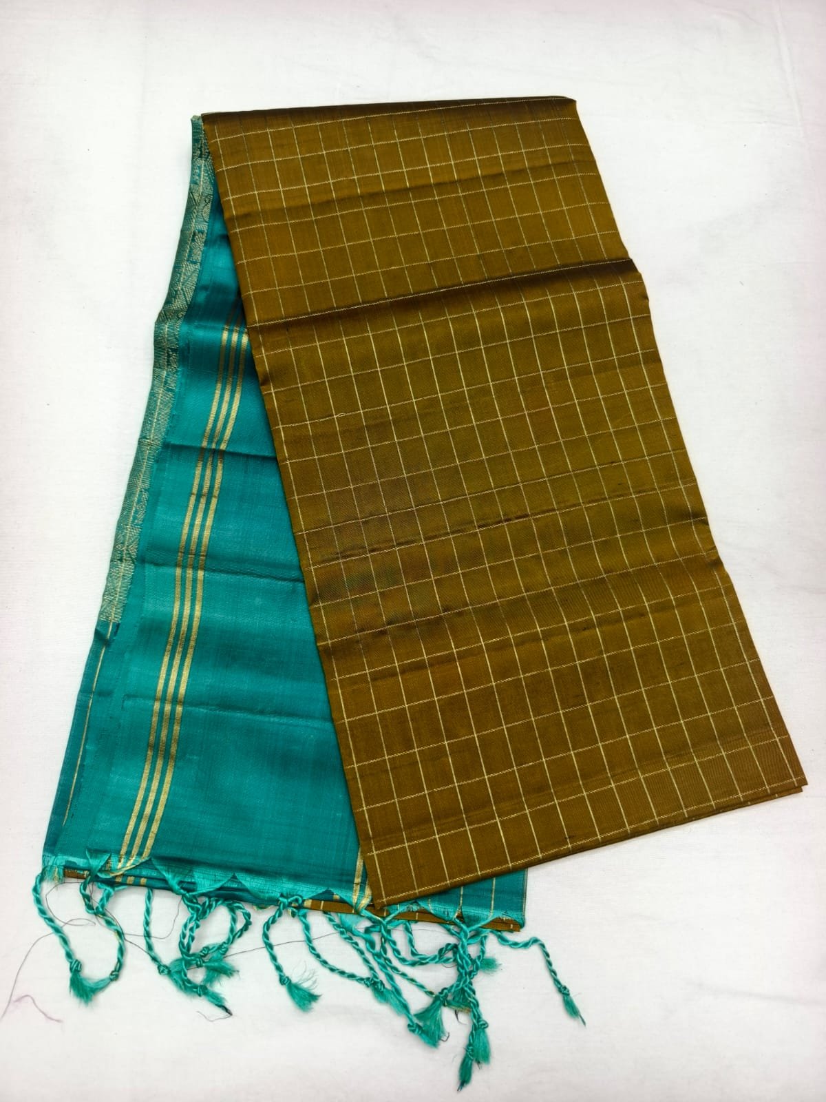 Teal Handloom Soft Silk Saree with Double Warp Weave - Olive Gold Pallu - full view