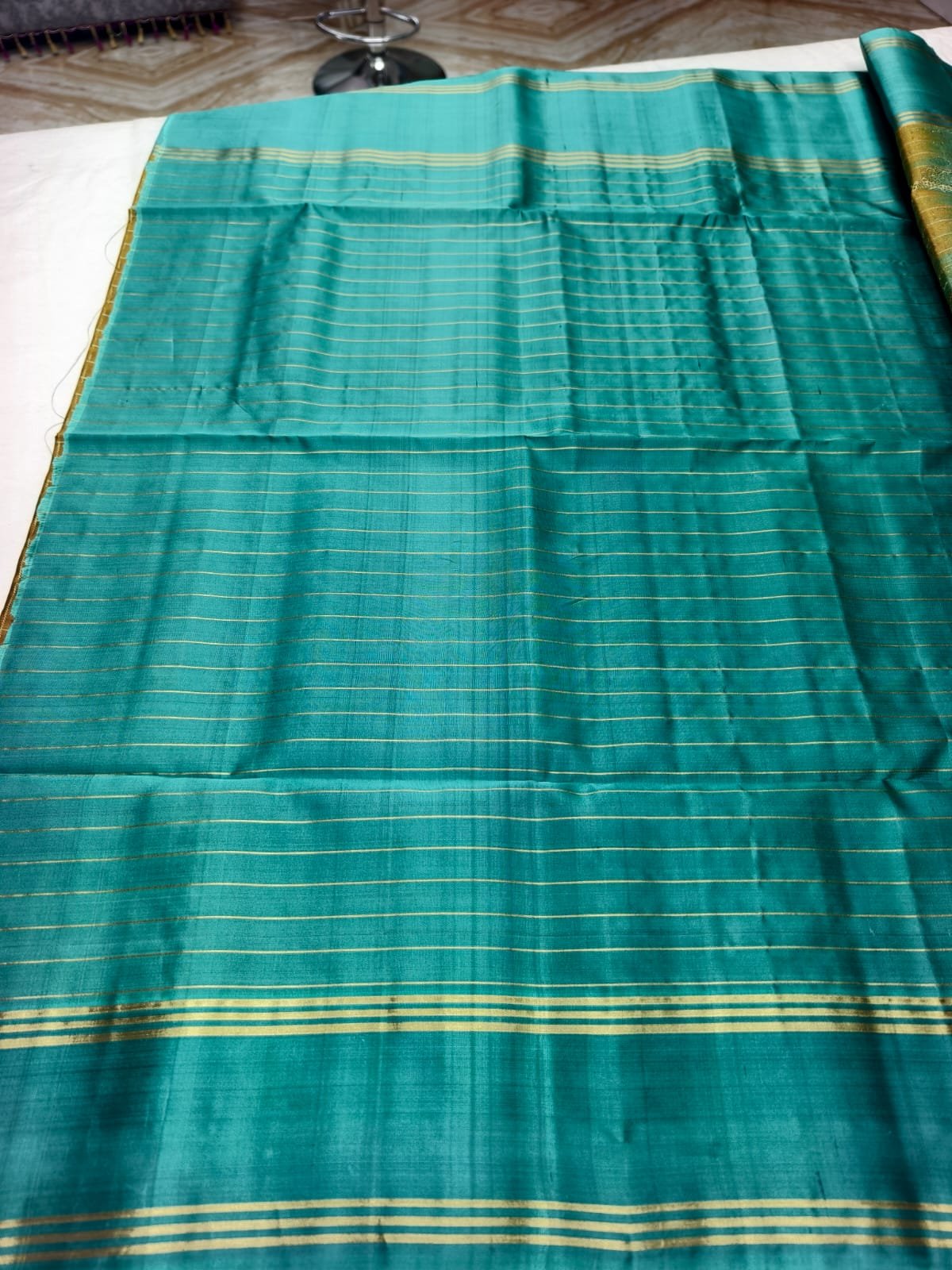 Teal Handloom Soft Silk Saree with Double Warp Weave - Olive Gold Pallu - detail view 2