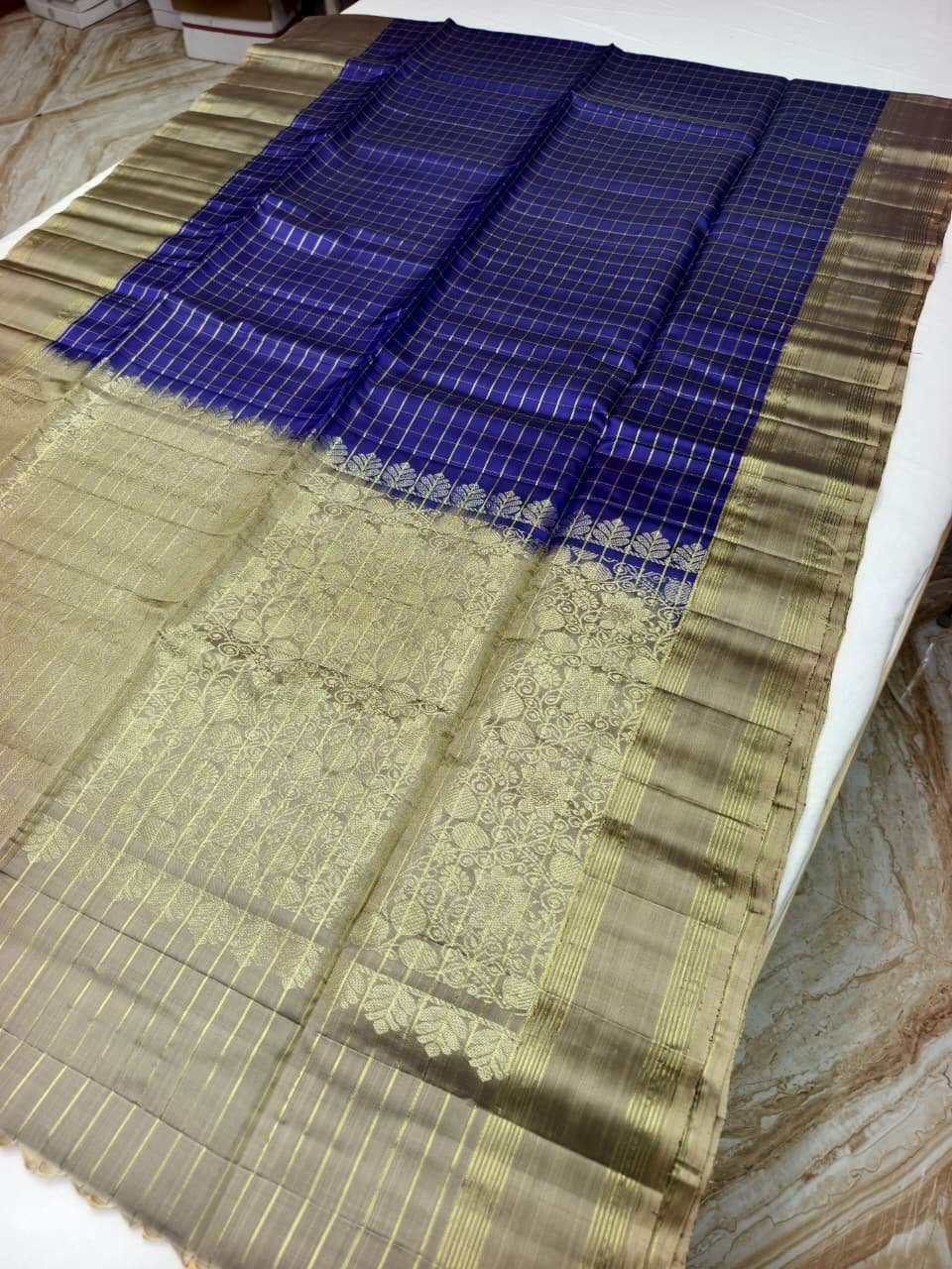 Royal Blue Handloom Soft Silk Saree with Double Warp Weave - Gold Floral Pallu - detail view 1