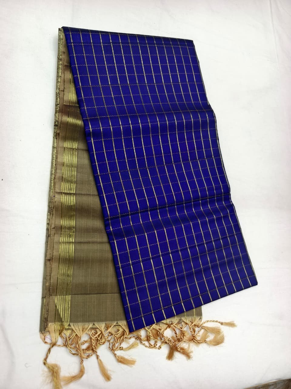 Royal Blue Handloom Soft Silk Saree with Double Warp Weave - Gold Floral Pallu - full view