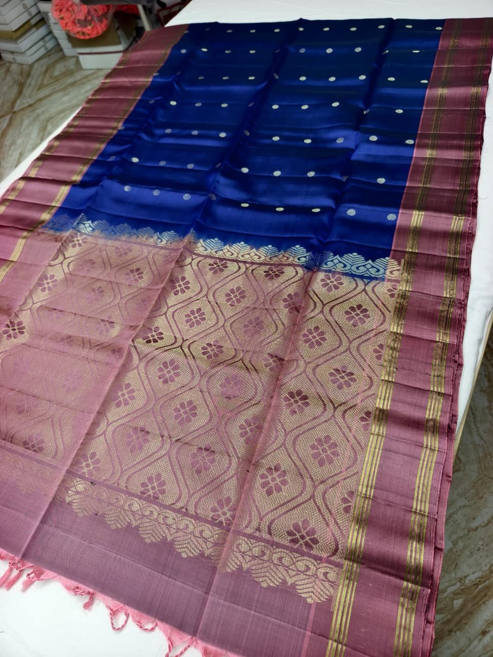 Navy Blue Handloom Soft Silk Saree with Double Warp Weave - Pink Floral Pallu - detail view 1