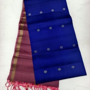 Navy Blue Handloom Soft Silk Saree with Double Warp Weave - Pink Floral Pallu - full view