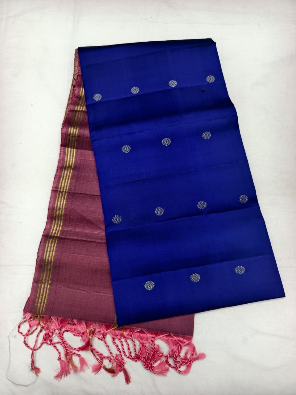 Navy Blue Handloom Soft Silk Saree with Double Warp Weave - Pink Floral Pallu - full view