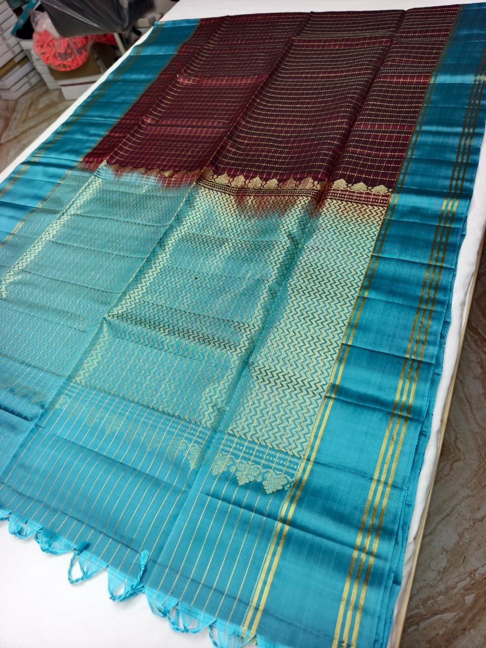 Teal Handloom Soft Silk Saree with Double Warp Weave - Maroon Zari Border - detail view 1