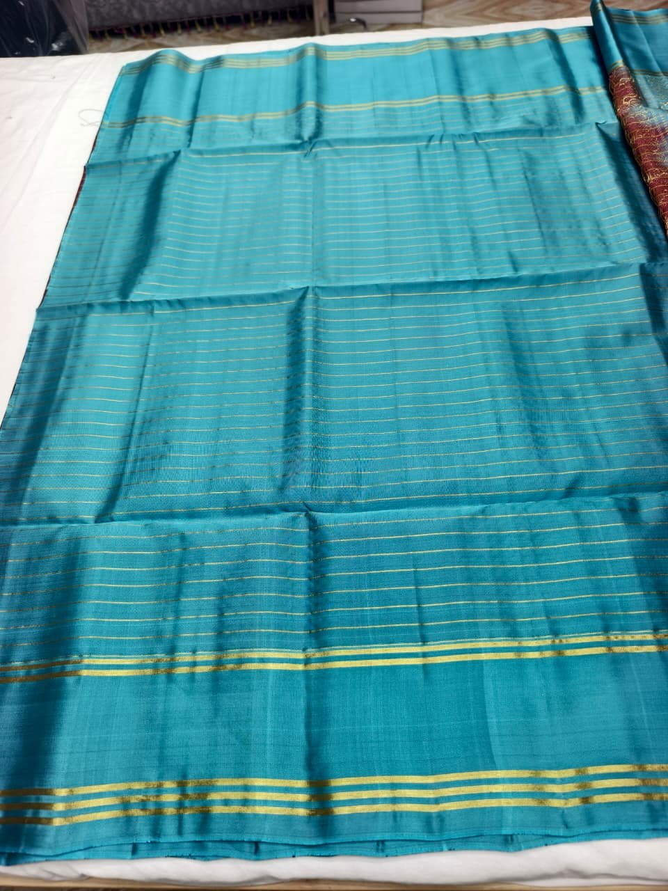 Teal Handloom Soft Silk Saree with Double Warp Weave - Maroon Zari Border - detail view 3