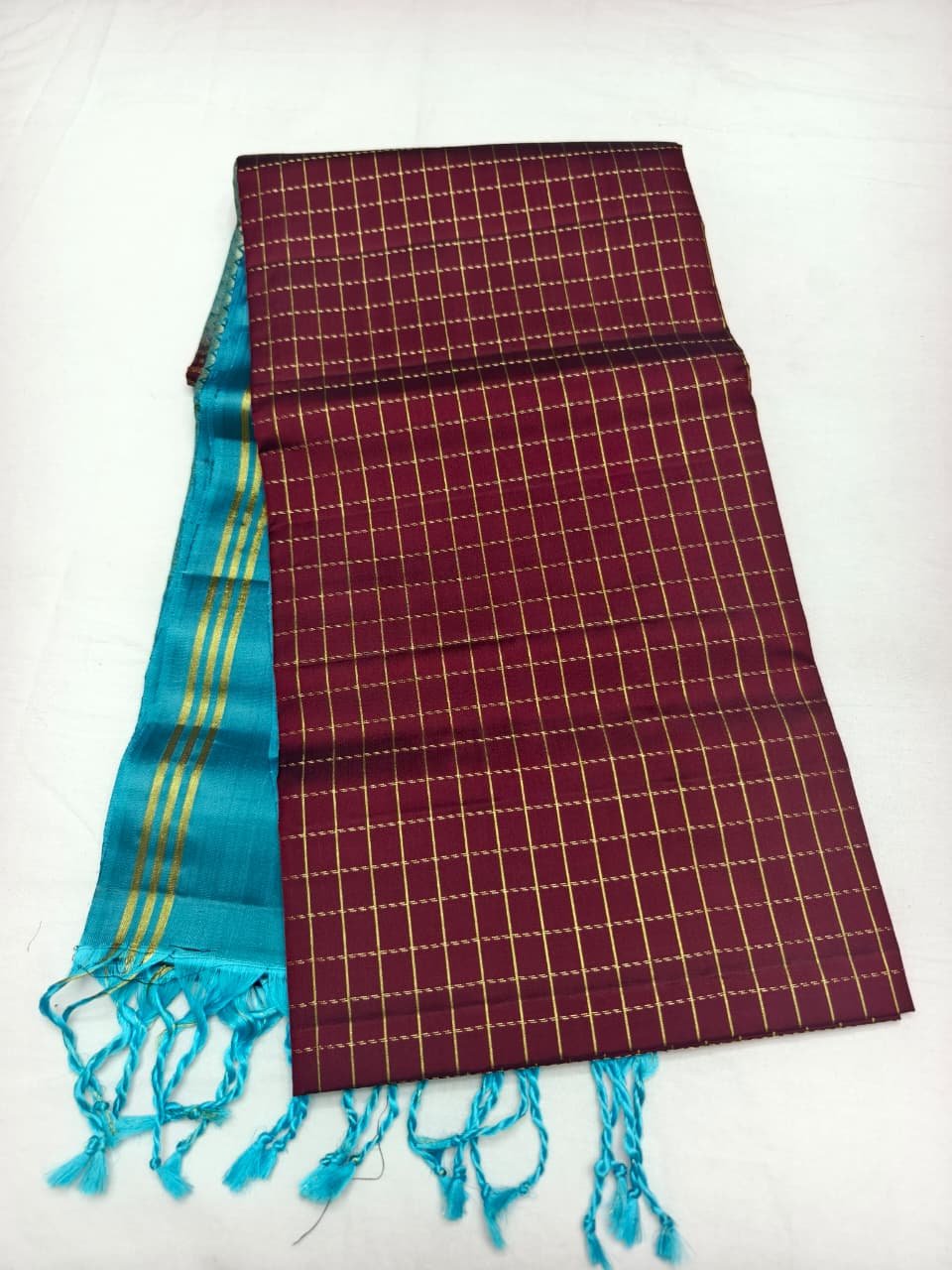 Teal Handloom Soft Silk Saree with Double Warp Weave - Maroon Zari Border - full view