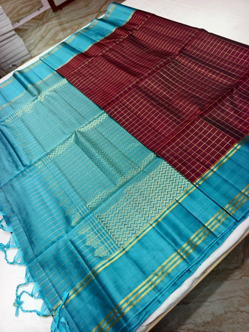 Teal Handloom Soft Silk Saree with Double Warp Weave - Maroon Zari Border - detail view 2