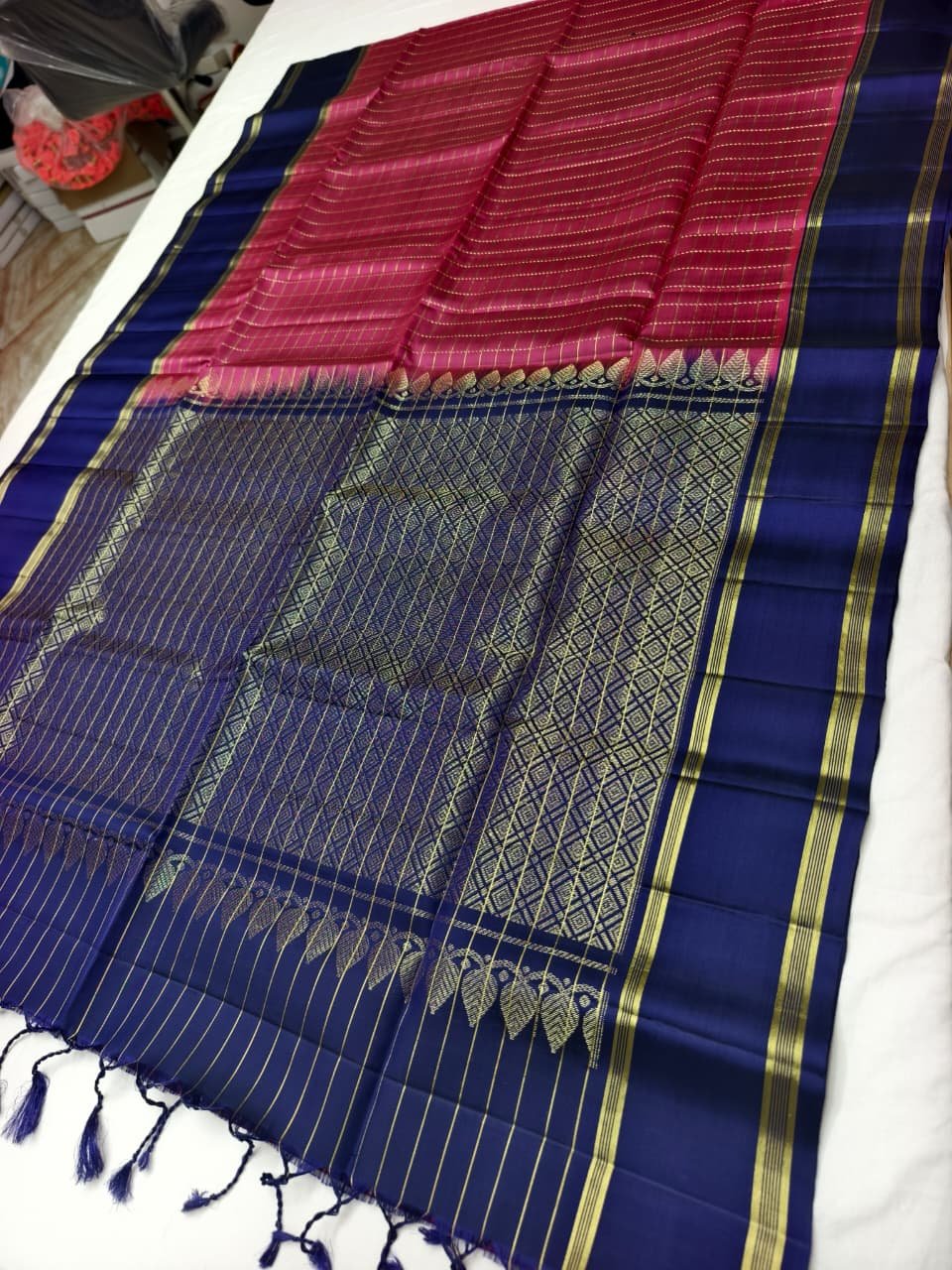 Navy Blue Handloom Soft Silk Saree with Double Warp Weave - Pink Zari Pallu - detail view 1