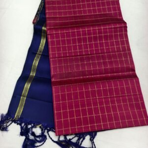 Navy Blue Handloom Soft Silk Saree with Double Warp Weave - Pink Zari Pallu - full view