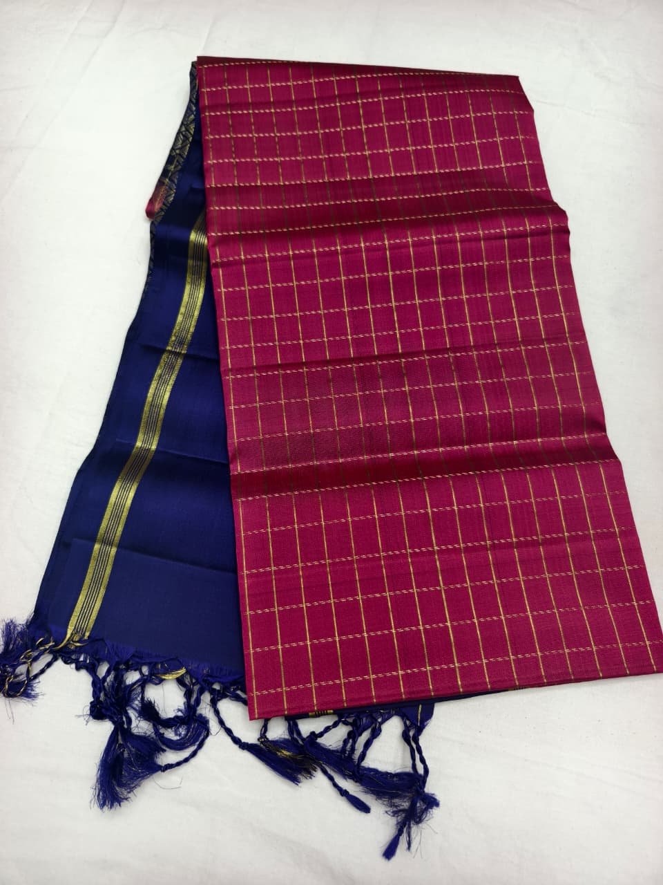 Navy Blue Handloom Soft Silk Saree with Double Warp Weave - Pink Zari Pallu - full view