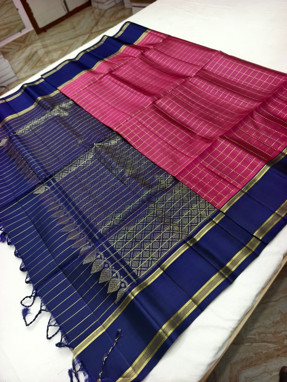 Navy Blue Handloom Soft Silk Saree with Double Warp Weave - Pink Zari Pallu - detail view 2