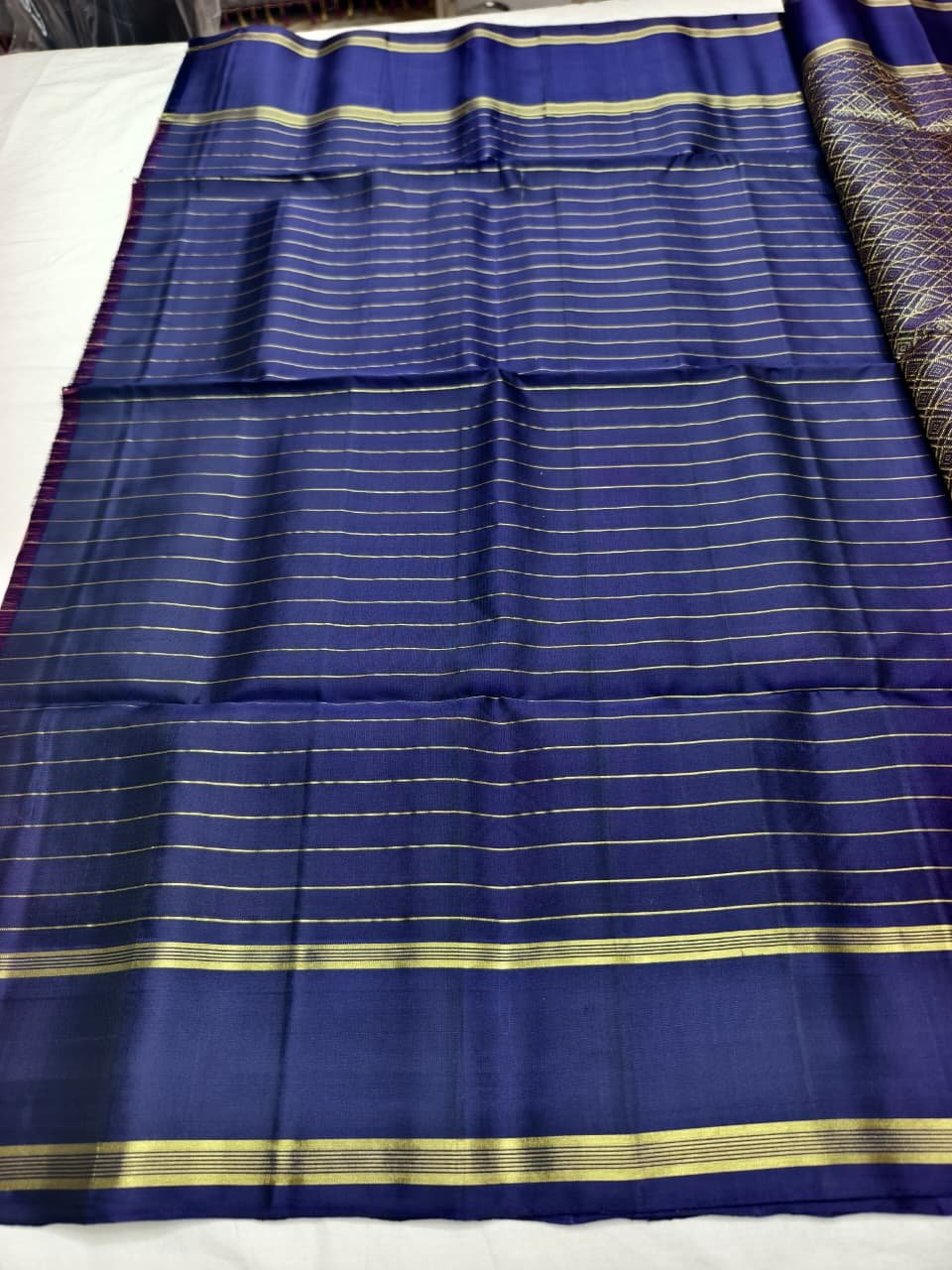Navy Blue Handloom Soft Silk Saree with Double Warp Weave - Pink Zari Pallu - detail view 3