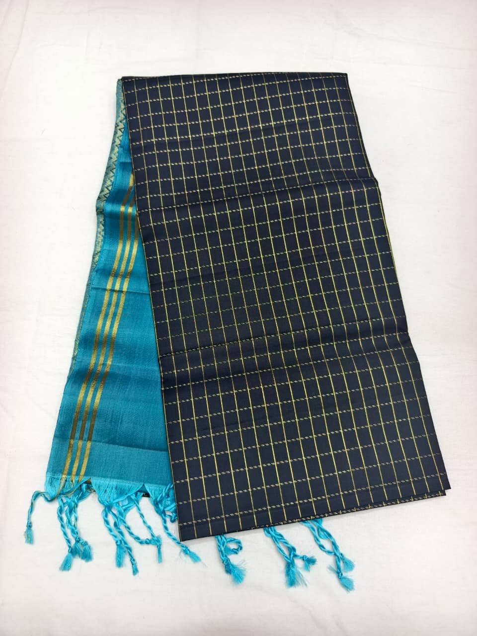 Teal Handloom Soft Silk Saree with Double Warp Weave - Black Zari Border - full view