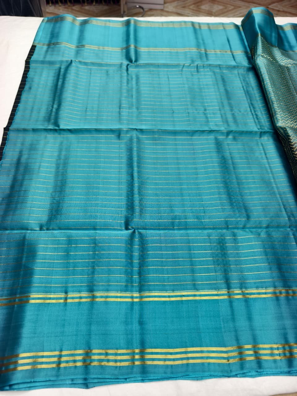 Teal Handloom Soft Silk Saree with Double Warp Weave - Black Zari Border - detail view 3