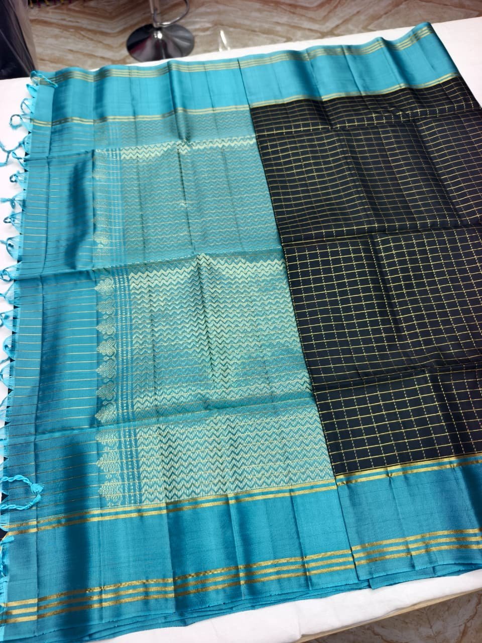 Teal Handloom Soft Silk Saree with Double Warp Weave - Black Zari Border - detail view 1