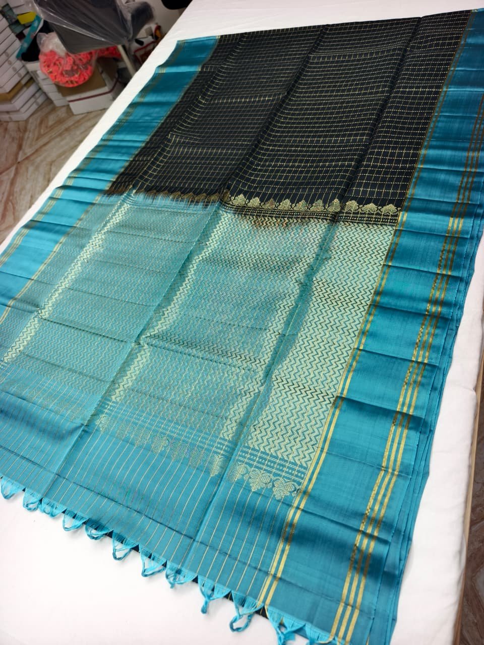 Teal Handloom Soft Silk Saree with Double Warp Weave - Black Zari Border - detail view 2