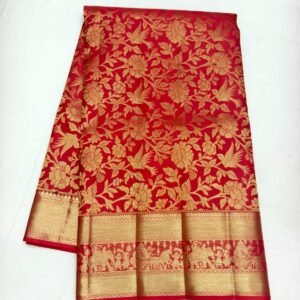 Deep Red Handloom Self Brocade Vintage Saree - Floral Bird Motif with Elephant Procession Pallu - full view