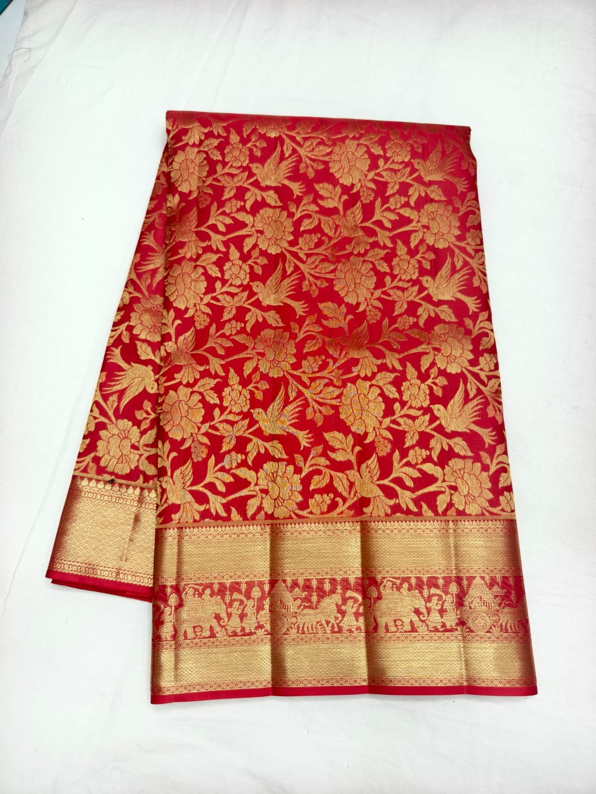 Deep Red Handloom Self Brocade Vintage Saree - Floral Bird Motif with Elephant Procession Pallu - full view