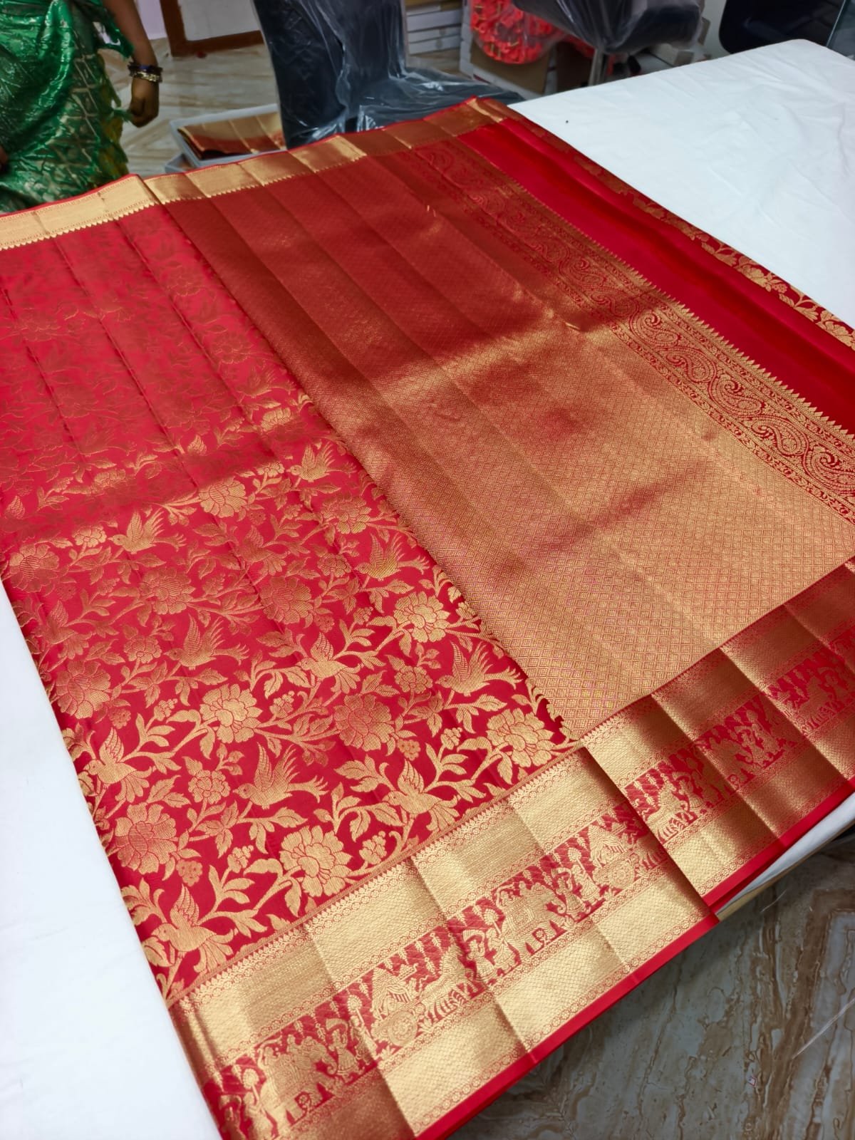 Deep Red Handloom Self Brocade Vintage Saree - Floral Bird Motif with Elephant Procession Pallu - detail view 1