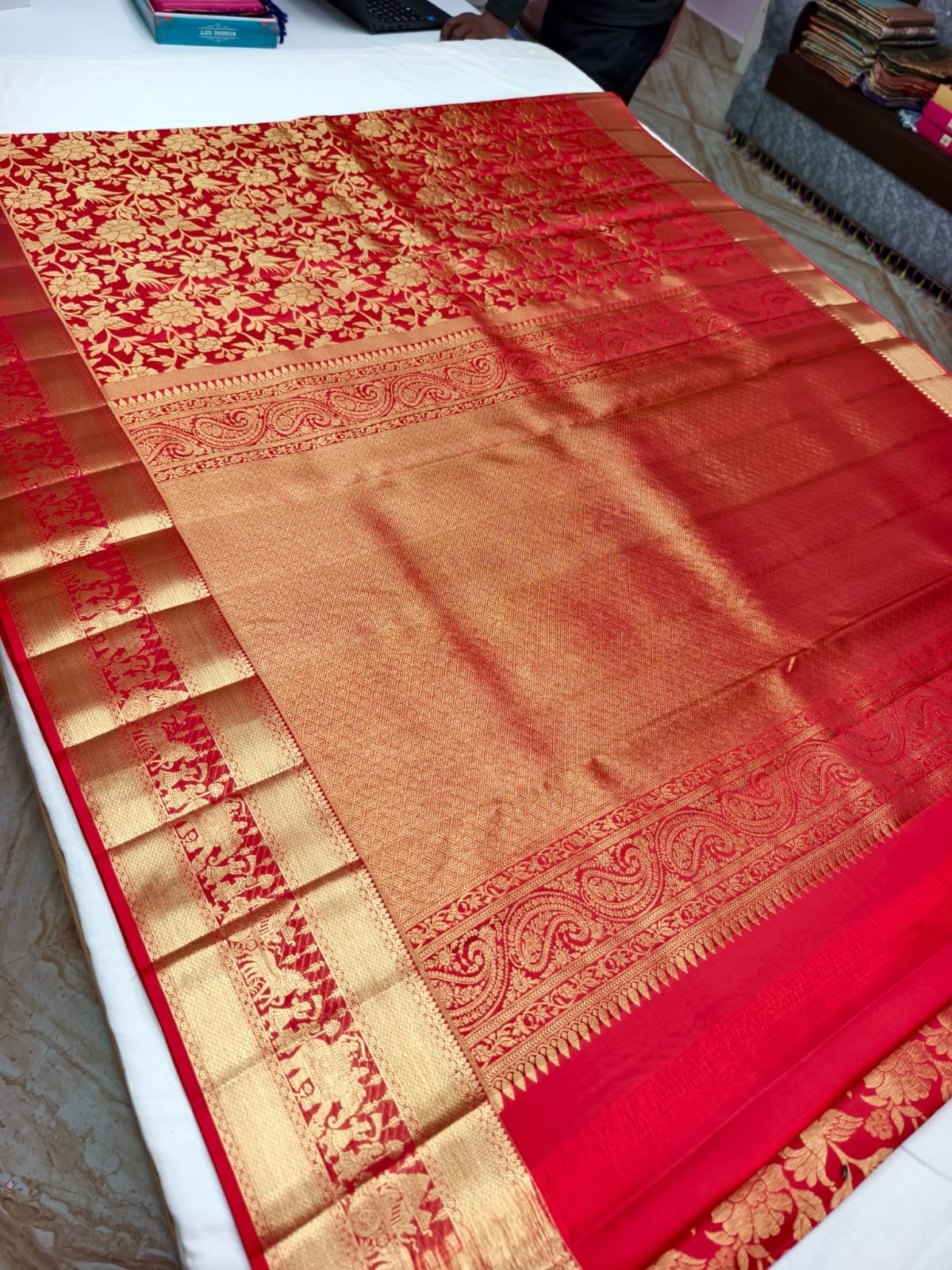 Deep Red Handloom Self Brocade Vintage Saree - Floral Bird Motif with Elephant Procession Pallu - detail view 3