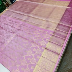 Pink Handloom Self Brocade Vintage Saree - Scalloped Medallion Zari Weave - full view