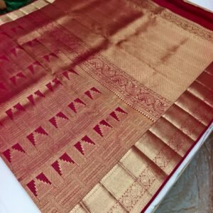 Maroon Handloom Self Brocade Vintage Saree - Temple Step-Motif Weave with Scroll Pallu - full view