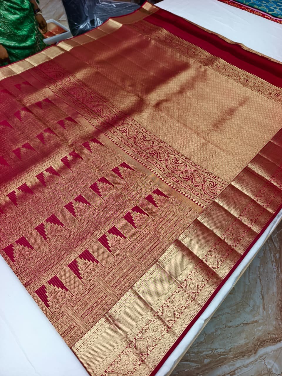 Maroon Handloom Self Brocade Vintage Saree - Temple Step-Motif Weave with Scroll Pallu - full view