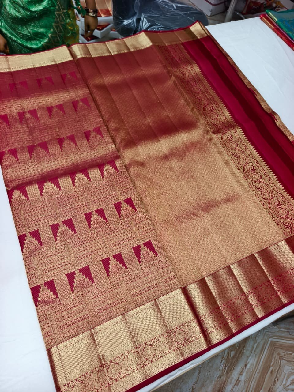 Maroon Handloom Self Brocade Vintage Saree - Temple Step-Motif Weave with Scroll Pallu - detail view 1