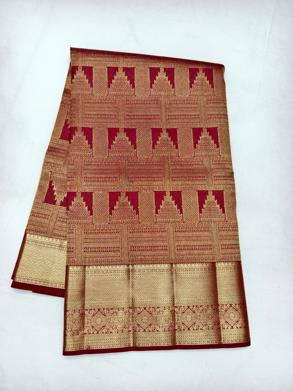 Maroon Handloom Self Brocade Vintage Saree - Temple Step-Motif Weave with Scroll Pallu - detail view 2