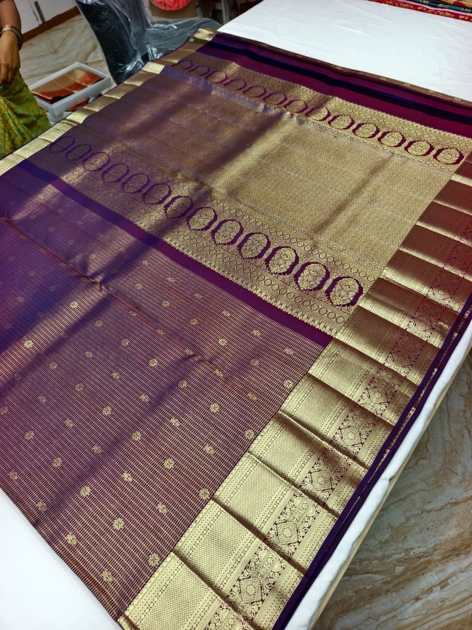 Purple Handloom Self Brocade Vintage Saree - Floral Butta Weave with Scalloped Pallu - full view
