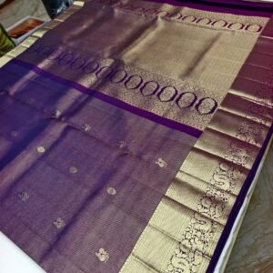 Violet Handloom Self Brocade Vintage Saree - Floral Butta Weave with Scalloped Pallu - full view