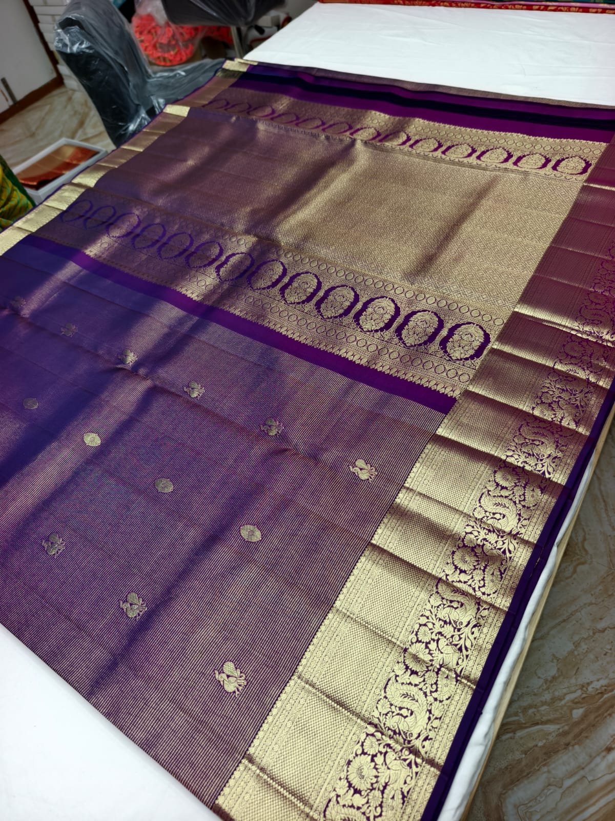 Violet Handloom Self Brocade Vintage Saree - Floral Butta Weave with Scalloped Pallu - full view