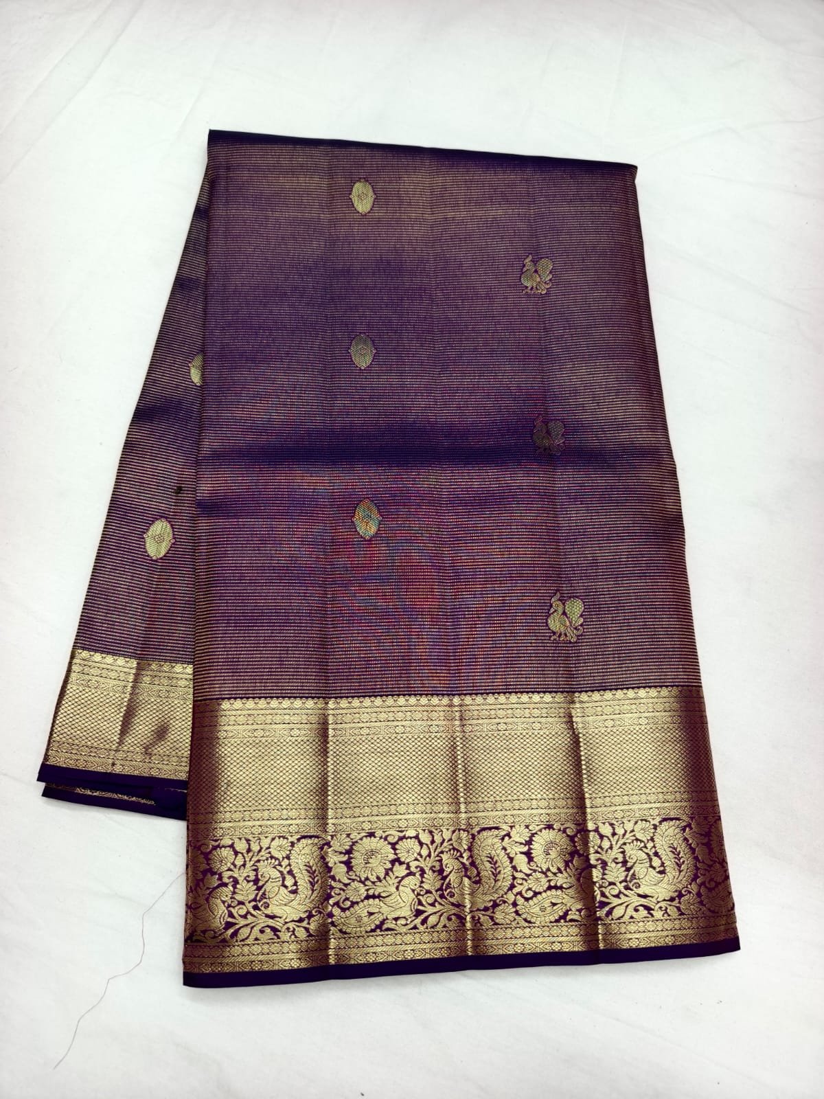 Violet Handloom Self Brocade Vintage Saree - Floral Butta Weave with Scalloped Pallu - detail view 1