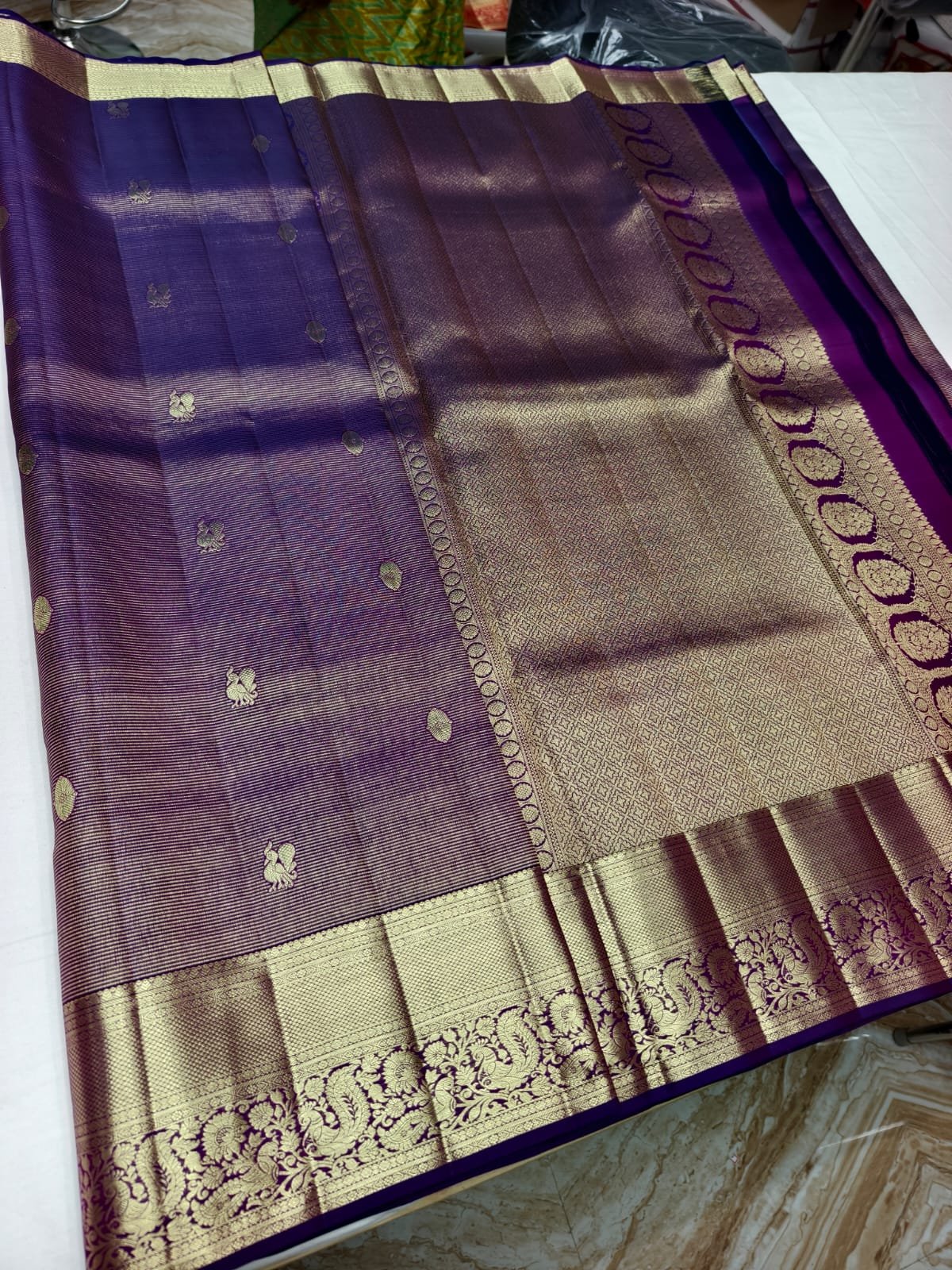 Violet Handloom Self Brocade Vintage Saree - Floral Butta Weave with Scalloped Pallu - detail view 3
