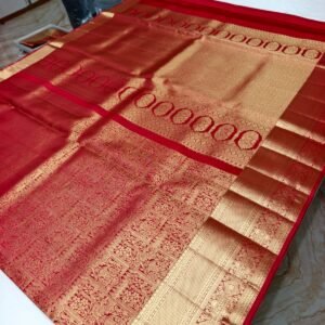 Deep Red Handloom Self Brocade Vintage Saree - Checkerboard Zari Weave with Scalloped Pallu - full view