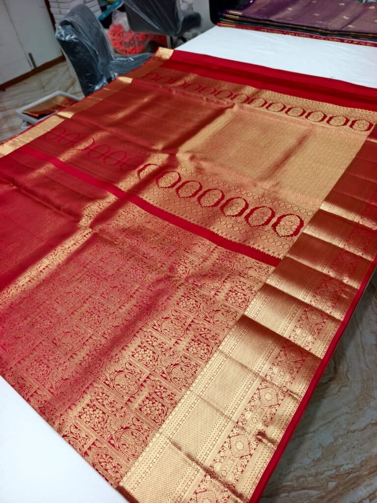 Deep red handloom self brocade vintage bridal saree, Dharmavaram