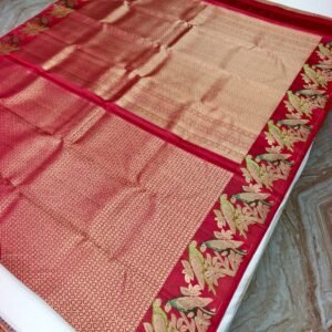 Deep Red Handloom Pure Silk Parrot Design Pattu Saree - Floral & Parrot Motif Pallu - detail view 1