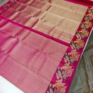 Pink Handloom Pure Silk Parrot Design Pattu Saree - Floral & Parrot Motif Pallu - full view