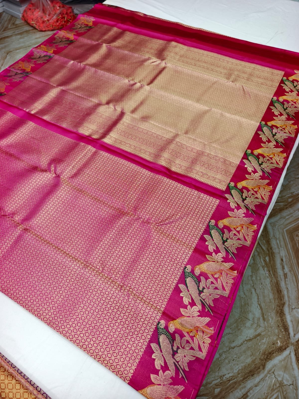 Pink Handloom Pure Silk Parrot Design Pattu Saree - Floral & Parrot Motif Pallu - full view