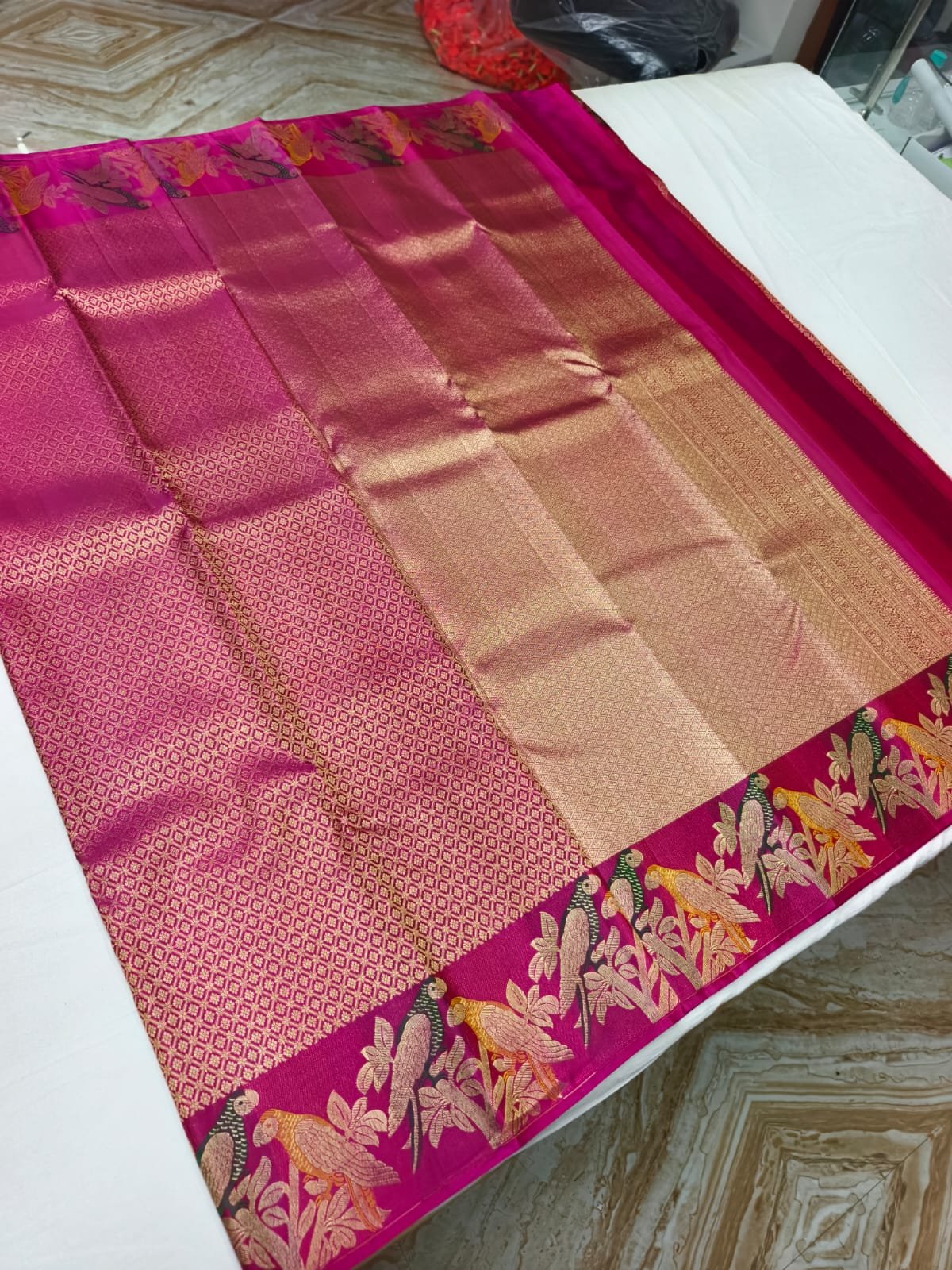 Pink Handloom Pure Silk Parrot Design Pattu Saree - Floral & Parrot Motif Pallu - detail view 1