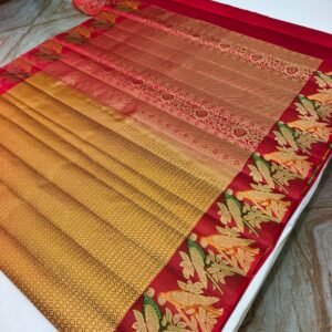 Mustard-Red Ombre Handloom Pure Silk Parrot Design Pattu Saree - Floral & Parrot Motif Pallu - detail view 1