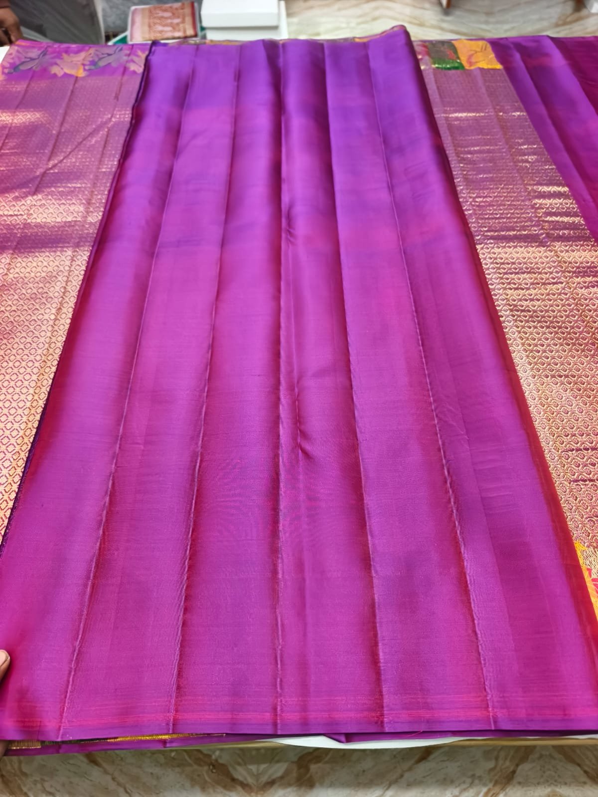 Purple Handloom Pure Silk Parrot Design Pattu Saree - Floral & Parrot Motif Pallu - full view