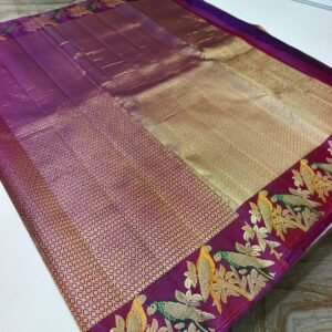 Purple Handloom Pure Silk Parrot Design Pattu Saree - Floral & Parrot Motif Pallu - detail view 1