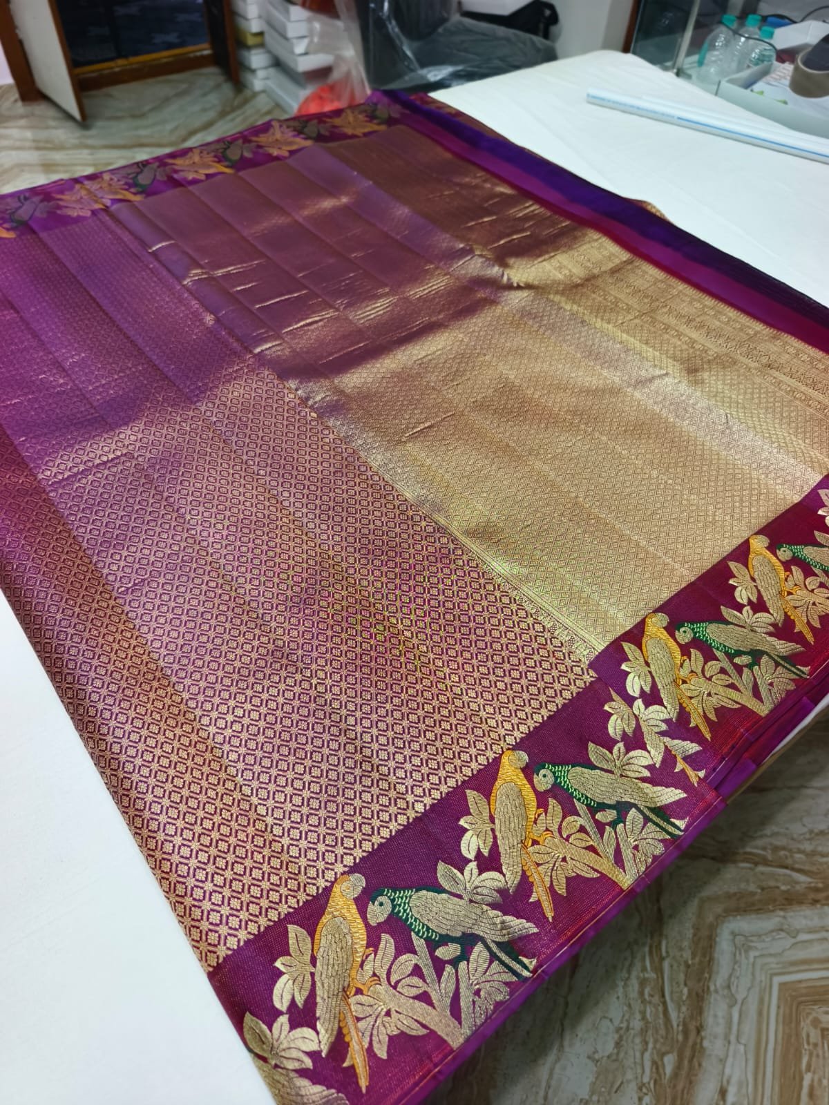 Purple Handloom Pure Silk Parrot Design Pattu Saree - Floral & Parrot Motif Pallu - detail view 1