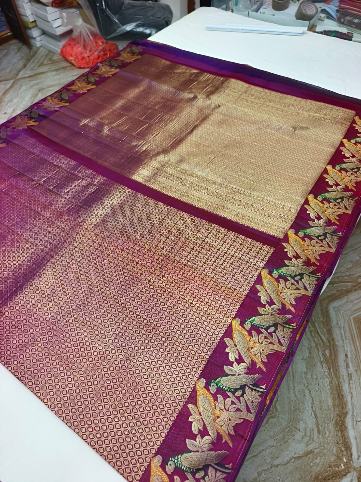 Purple Handloom Pure Silk Parrot Design Pattu Saree - Floral & Parrot Motif Pallu - detail view 2